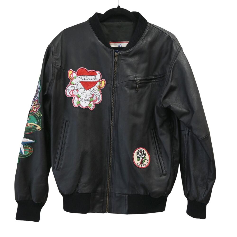 Avirex A-2 Flyer's Black Leather Bomber Jacket Size Estimated M Vintage Patches